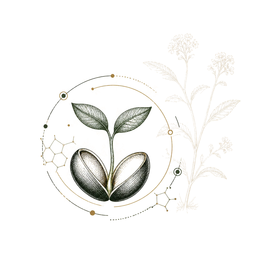 An engraved seed opening into a two-leaf sprout beside a faint botanical specimen, surrounded by evidence paths
