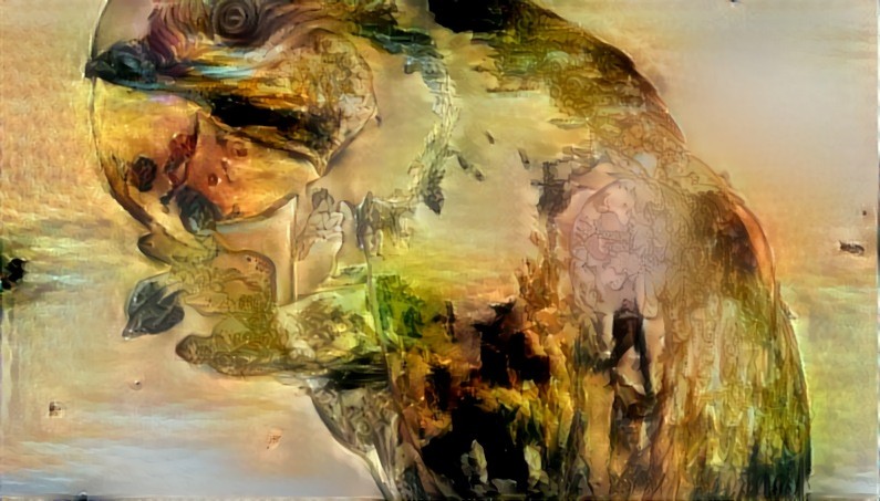 A dreamlike, machine-created study of animal forms in ochre, green, and black