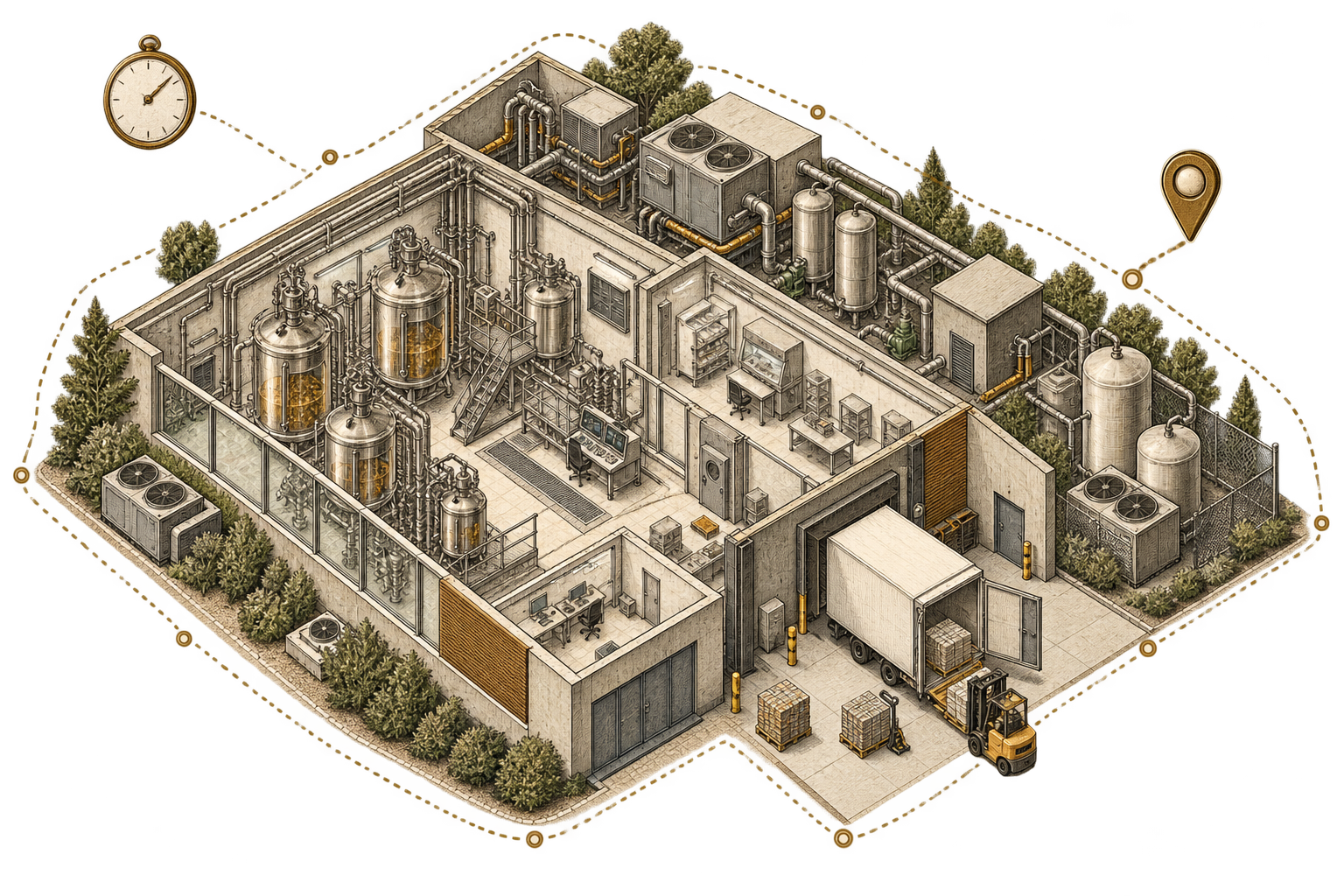 Cultivated-meat facility within a dotted project boundary