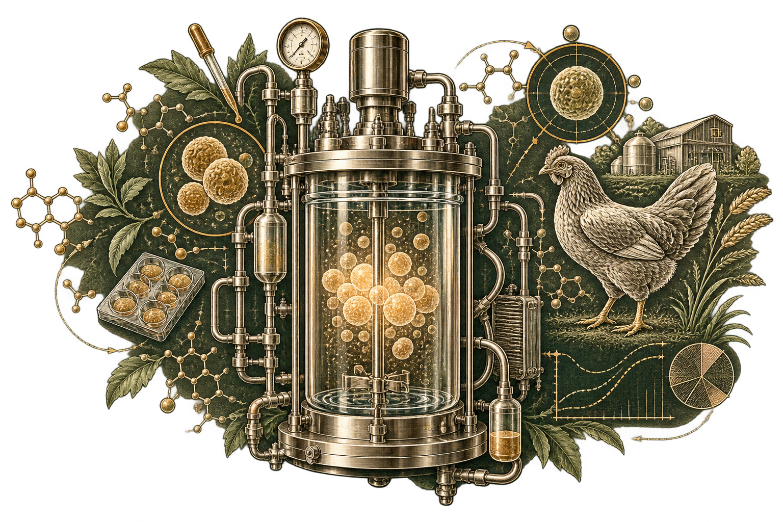 Bioreactor vessels and cellular-agriculture process equipment arranged as an analytical collage