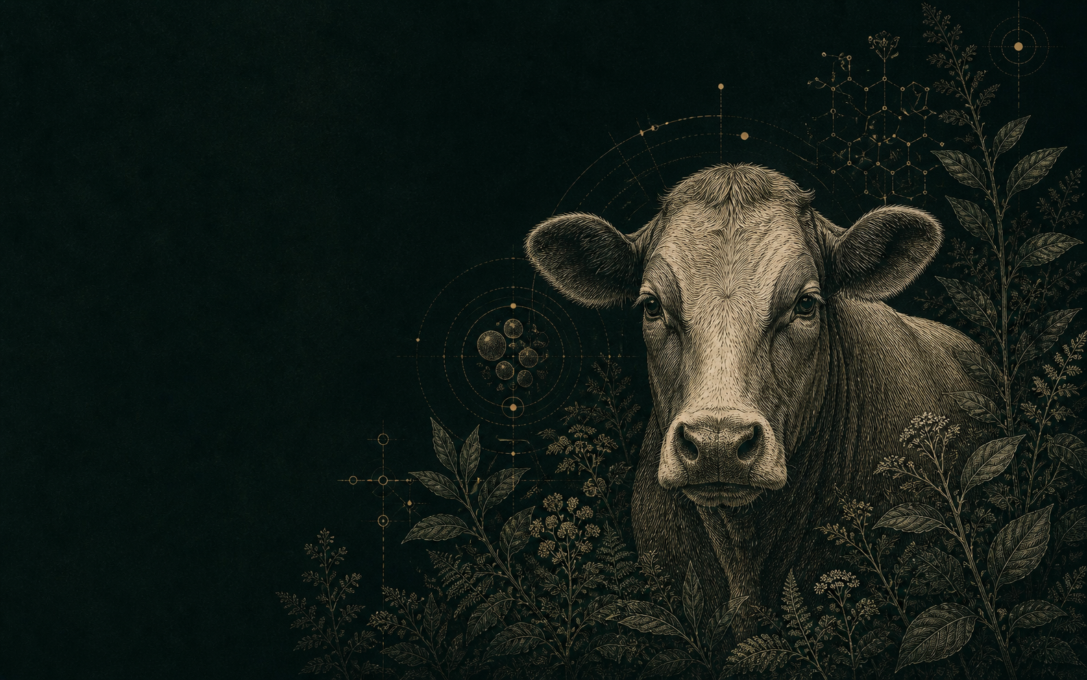 Engraved cow framed by botanical forms and cellular diagrams