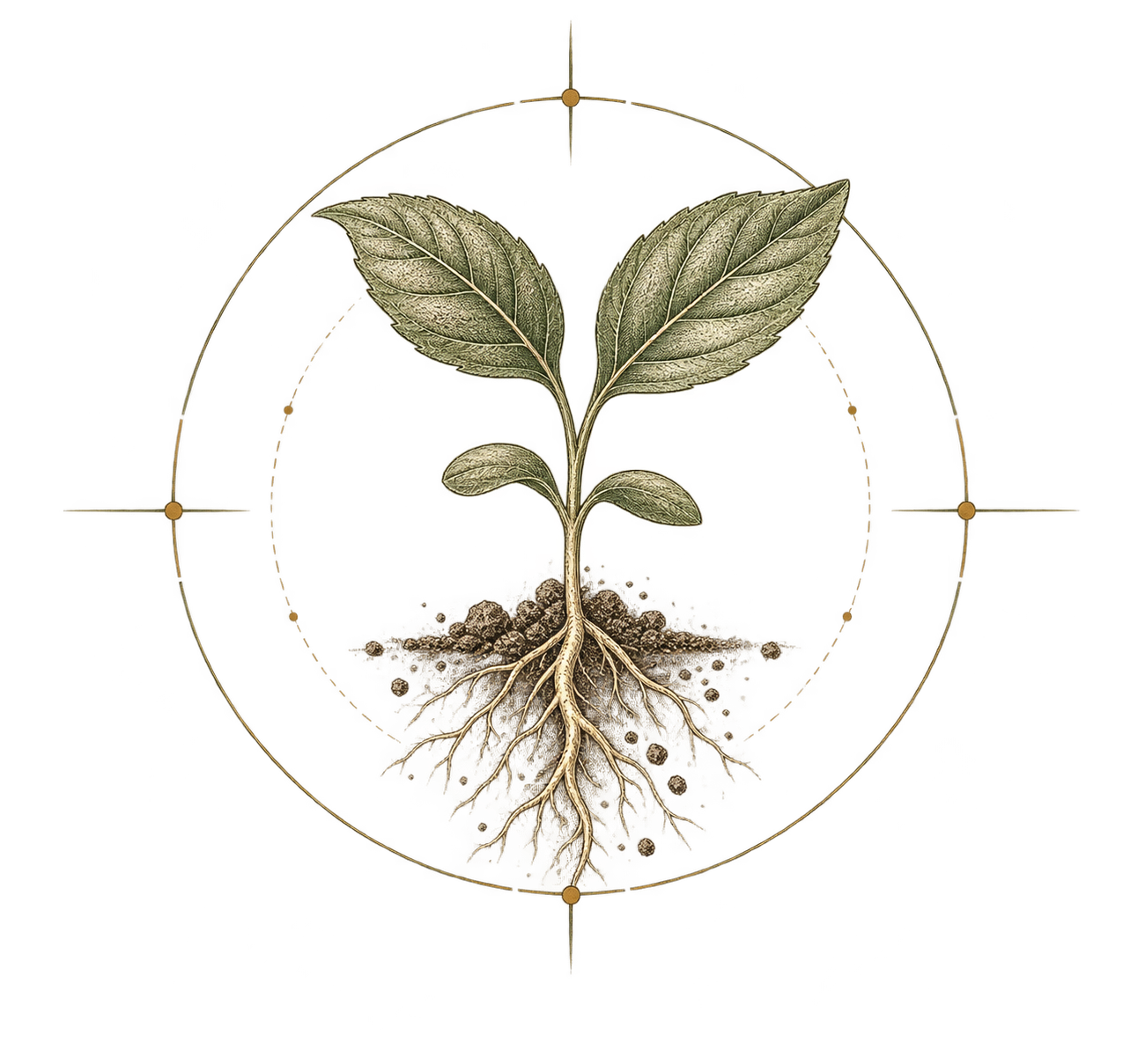 Rooted botanical specimen within a precise boundary ring