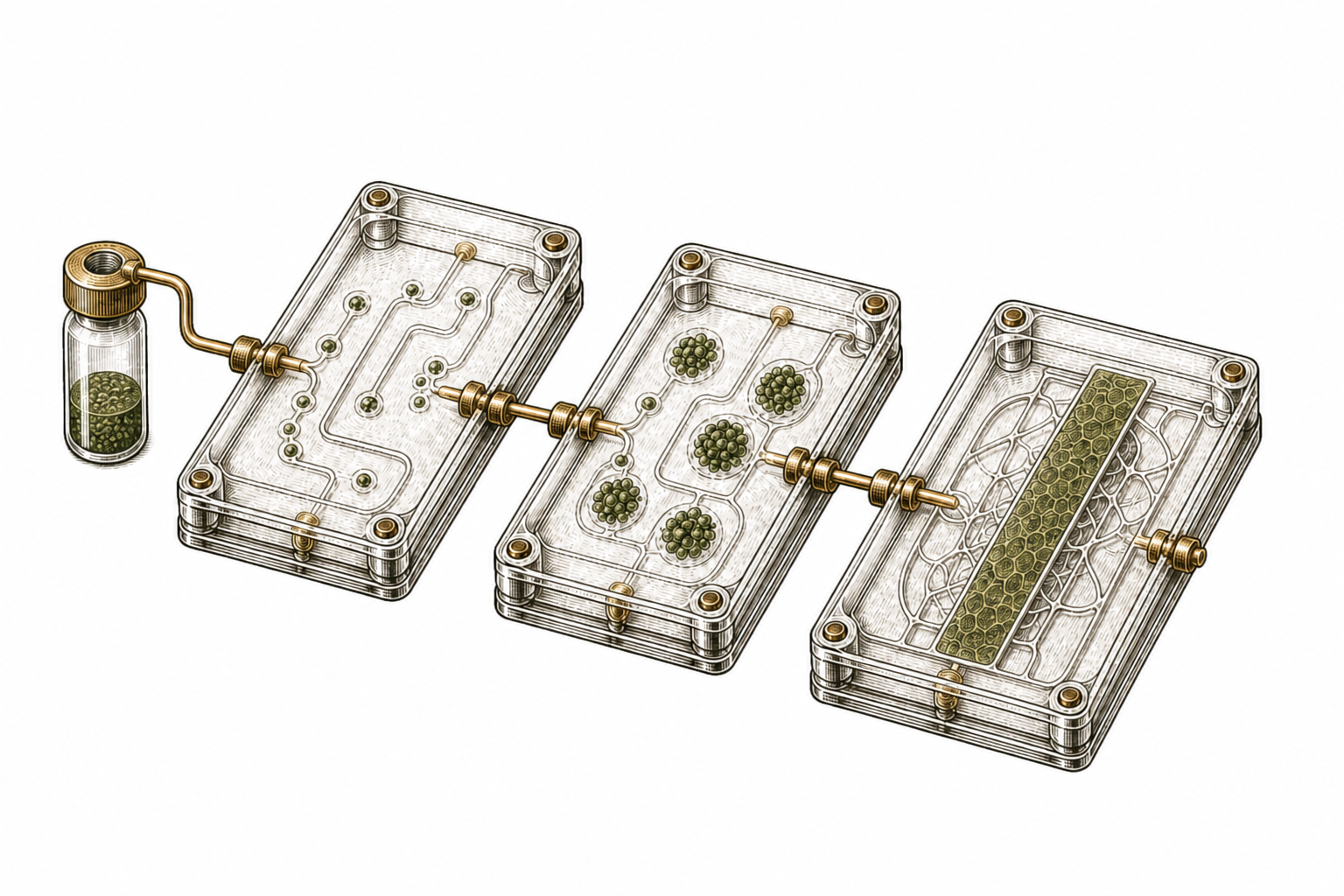 Three modular microfluidic culture stages connected in sequence